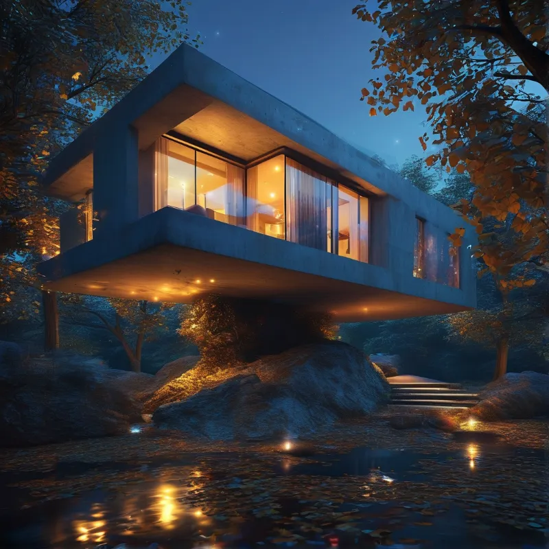 A cantilevered concrete house glows warmly while resting on rocks above water surrounded by trees during twilight.