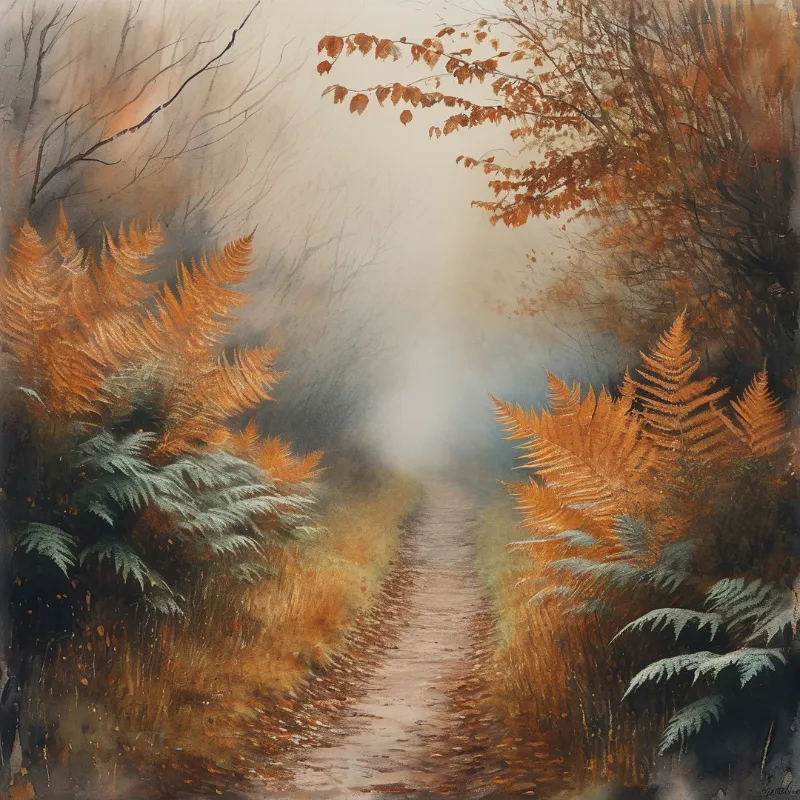 A dirt path winds between rust and pale green ferns in a foggy autumn woodland, fading into soft hazy light ahead.