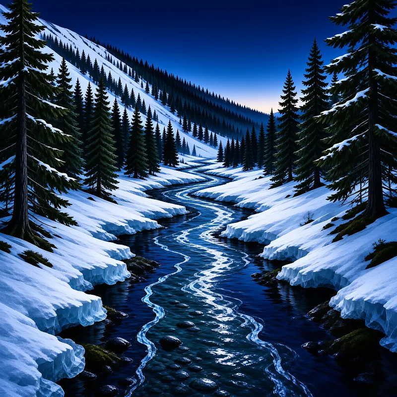 A narrow meltwater stream snakes between snowbanks and dark evergreens under a deep blue winter sky.