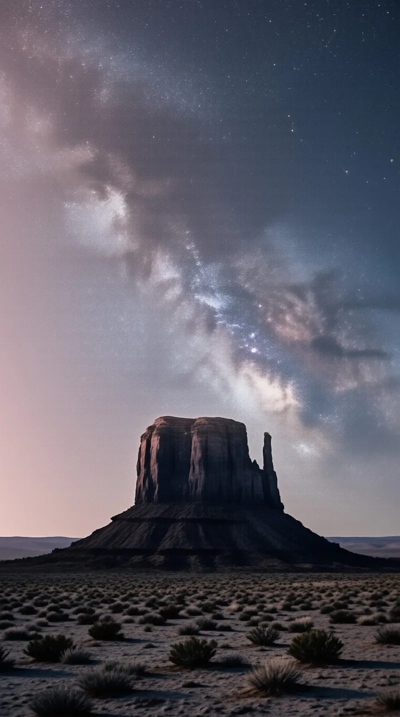 A large dark rock formation rises from a desert floor while the Milky Way arches across the night sky above it.