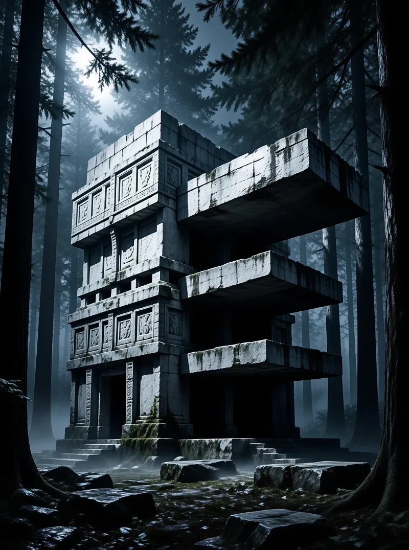 A multi-story stone ruin with carved panels stands isolated in a foggy pine forest under dim light.