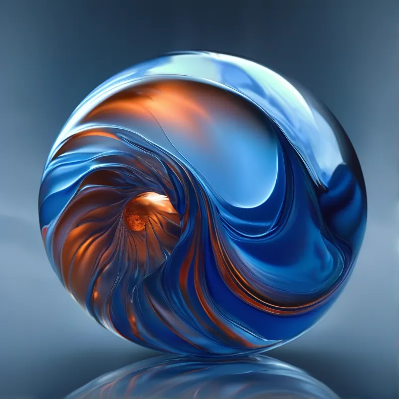 A highly reflective sphere features swirling blue and orange fluid patterns with a glowing center against a muted background.