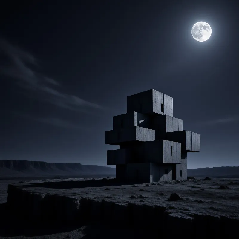 Jostling dark cubes pile into a surreal dwelling on a rocky plateau lit by a radiant moon.