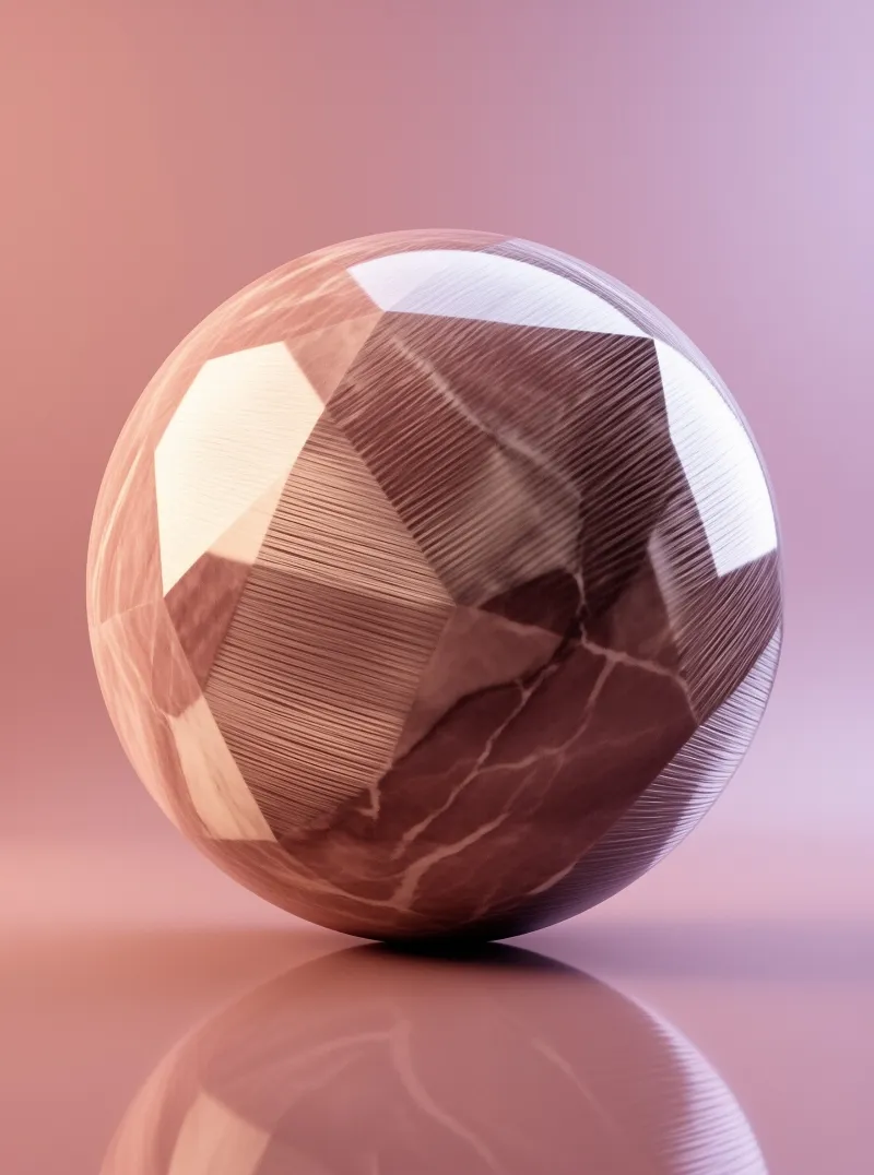 A faceted sphere in rose gold and cream tones rests on a glossy surface with a mirrored reflection.