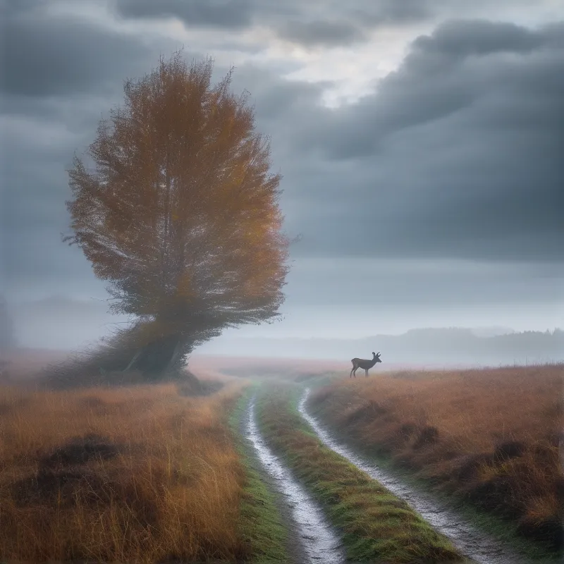 A solitary deer stands beside a muddy track winding through a foggy field with a large leaning tree covered in orange leaves.