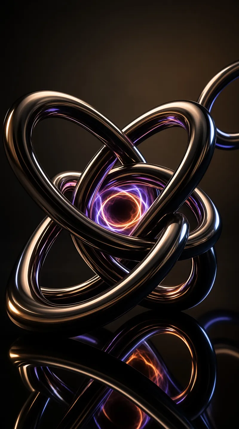 Polished bronze rings interlock into a knot around a glowing purple and orange plasma core.