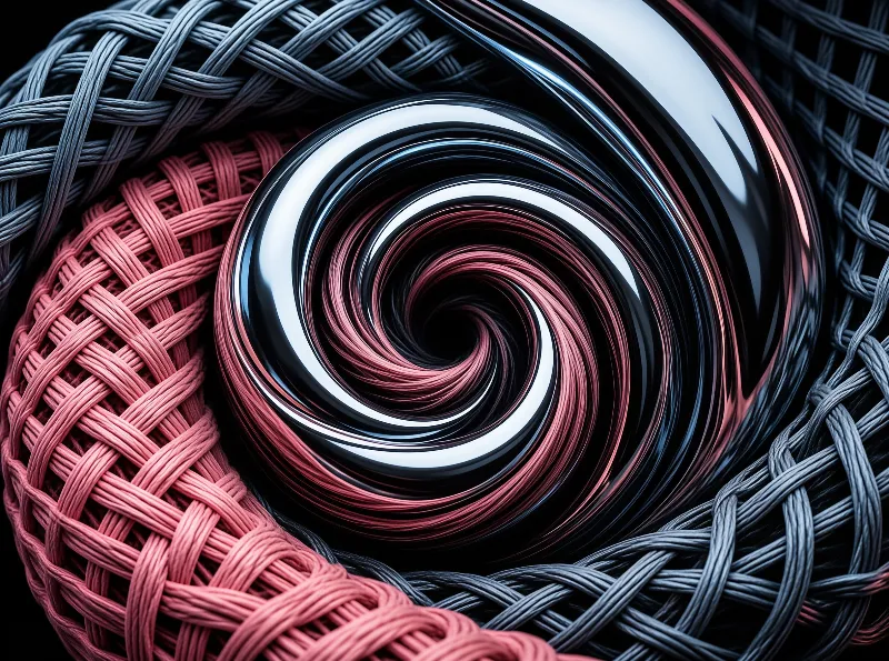 Glossy concentric metal rings spiral into a dark center, ringed by baskets of pale grey and coral rope in tight macro focus