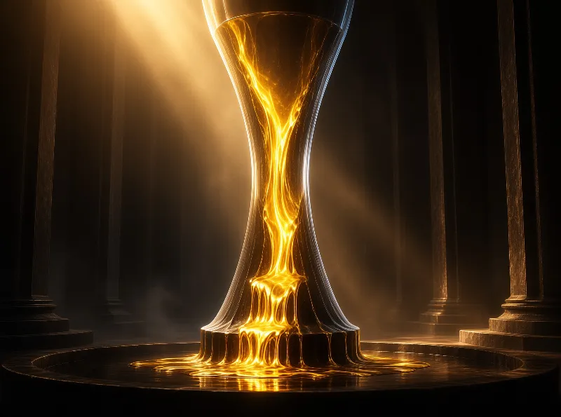 A curved glass vessel filled with glowing amber liquid stands before dark vertical columns illuminated by a bright beam.