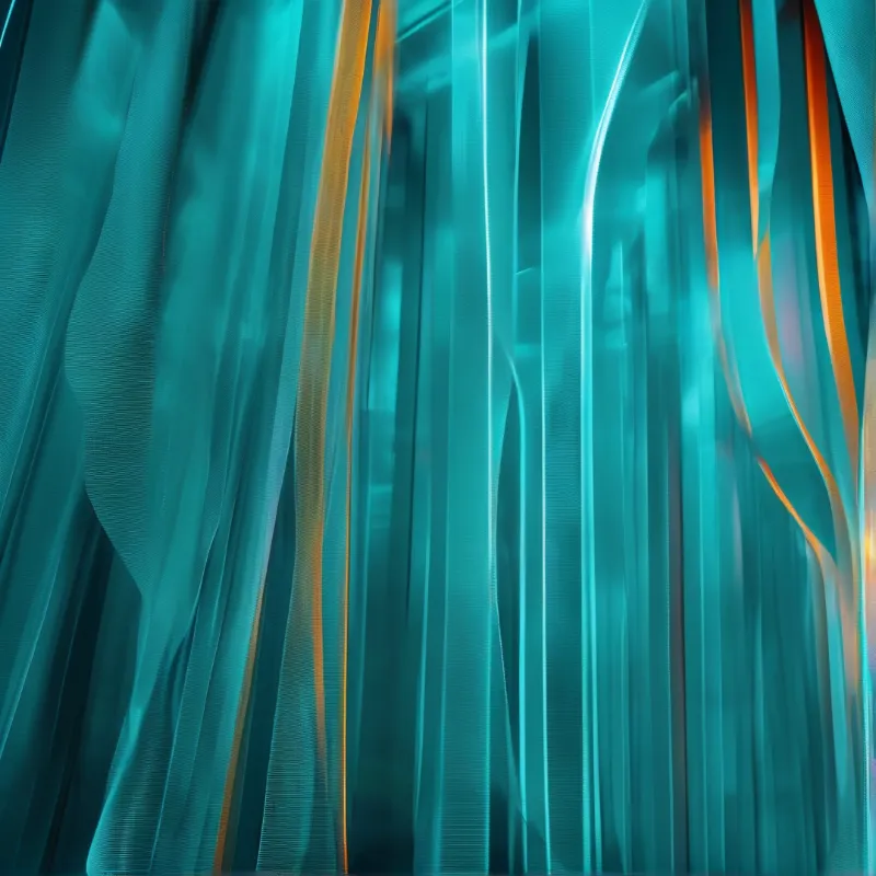 Translucent teal curtains hang in soft folds while warm orange lines of light thread vertically through the fabric.