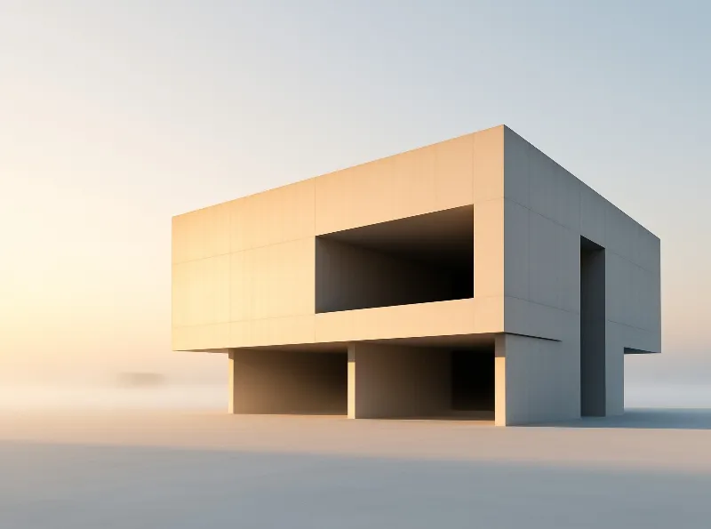A clean concrete volume balances on slender supports within a pale misty void of soft gradient light.