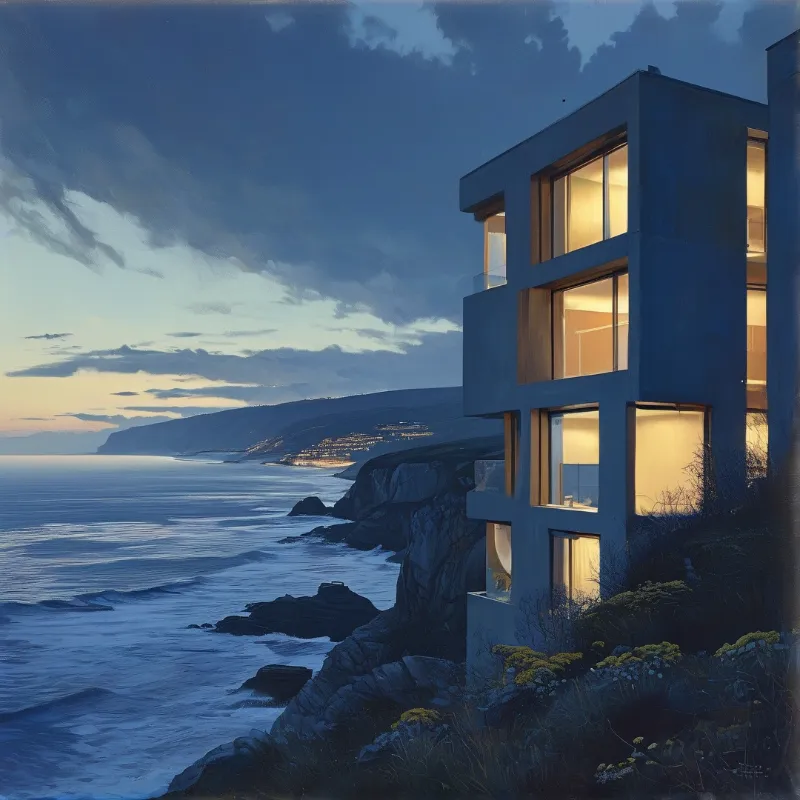 Minimalist concrete structure stands on rocky coastline at sunset, windows glowing warm against cool blue evening sky.