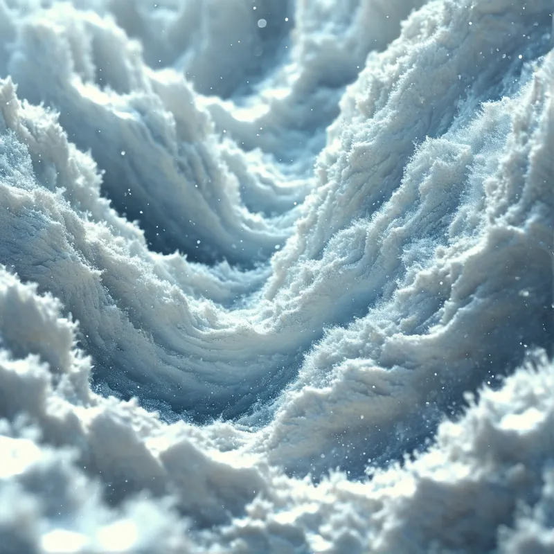 A close-up view of white snow drifts with jagged edges and scattered particles floating in the bright air.
