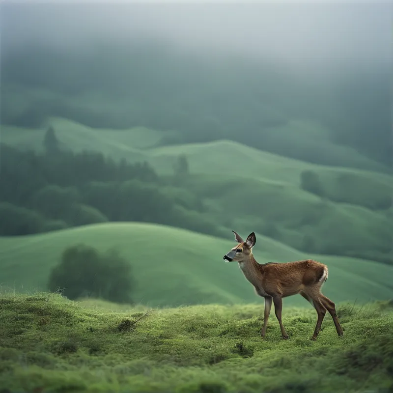 A solitary brown deer stands on a lush grassy hill overlooking rolling green mountains shrouded in morning mist.