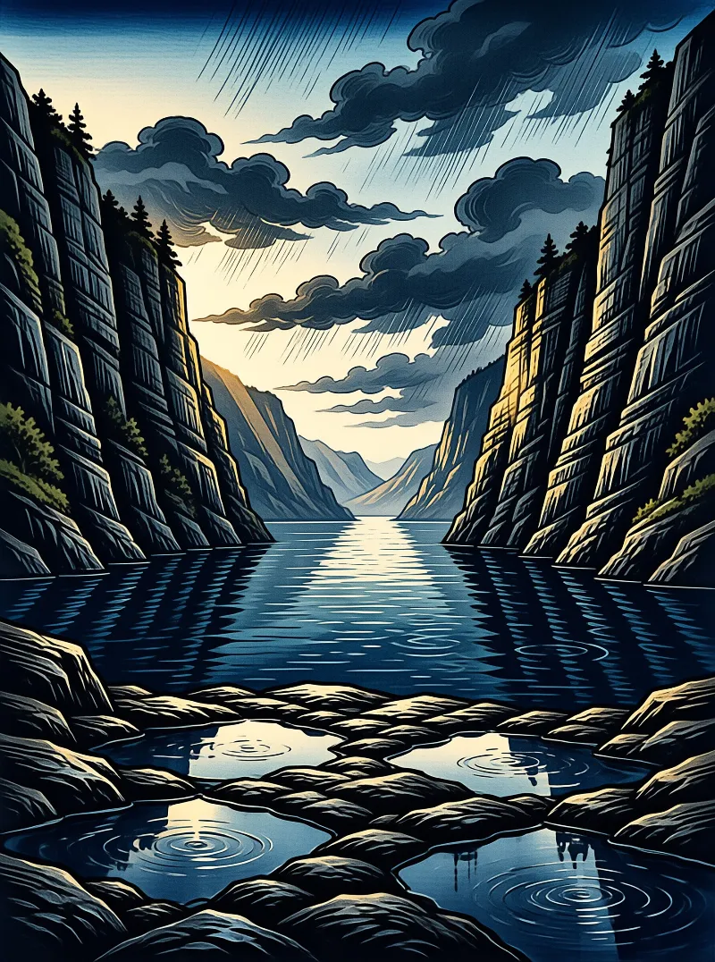 A woodblock style inlet narrows between tall striated cliffs while rain streaks darken the dramatic sky.