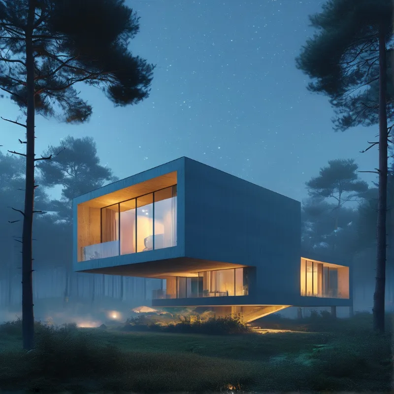 Modern Cabin in Forest Night