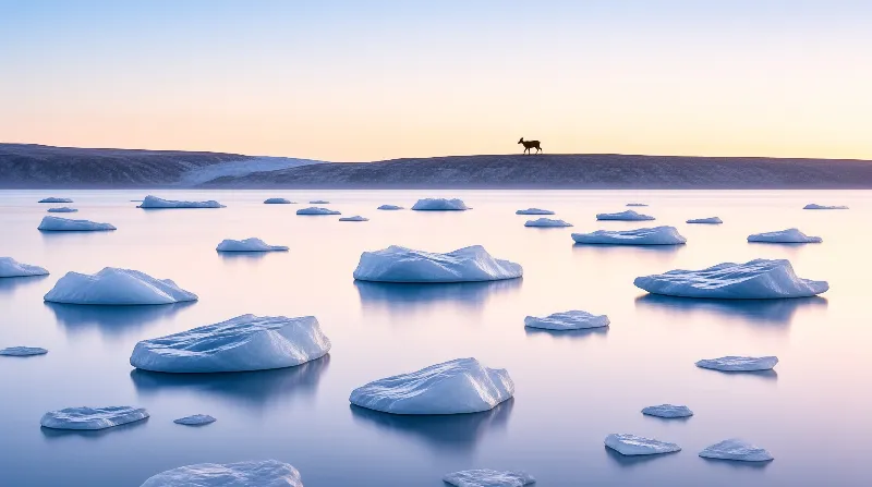 A lone reindeer stands on a distant ridge overlooking a frozen sea scattered with floating icebergs under pastel light.