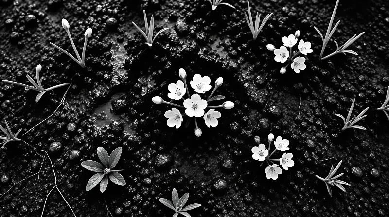White blossoms and leafy sprigs scattered across damp dark pebbly soil in high contrast black and white.