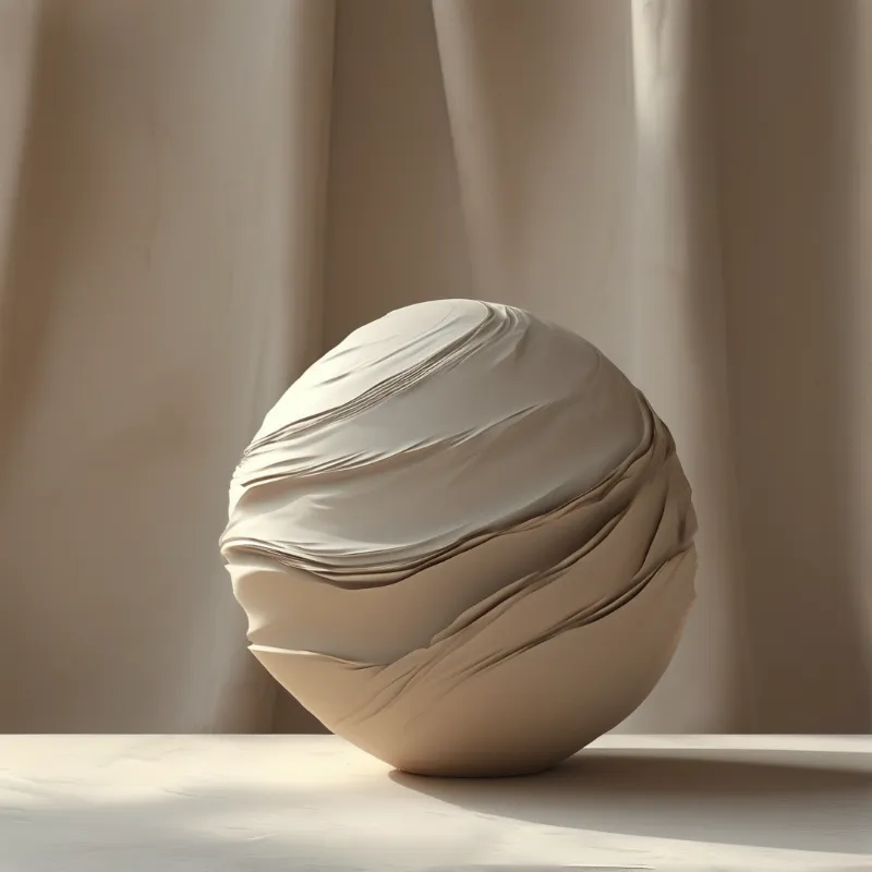 A spherical form wrapped in creamy draped fabric rests on a flat surface with gentle shadows.