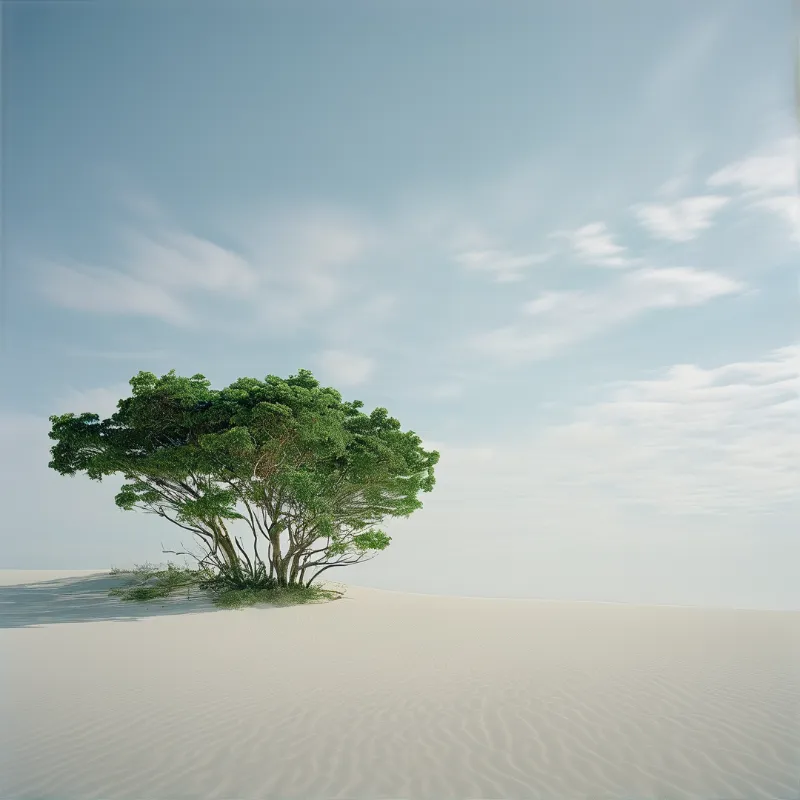 A single broad canopy tree roots on a pale dune of rippled sand under a hazy blue morning sky.