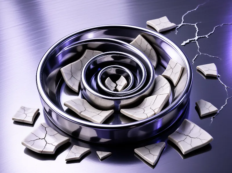 Cracked white ceramic fragments sit around and inside polished concentric metal rings reflecting violet light.