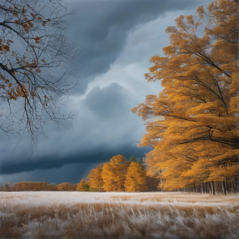 A field of pale dry grasses leads to bright orange autumn trees beneath dark storm clouds
