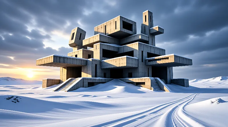 A massive geometric concrete structure stands alone on a white snowy plain while the sun sets casting long shadows.