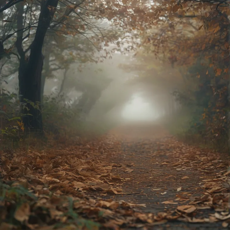 A leafy dirt path winds through a misty wood where sunlight diffuses softly among the trees.