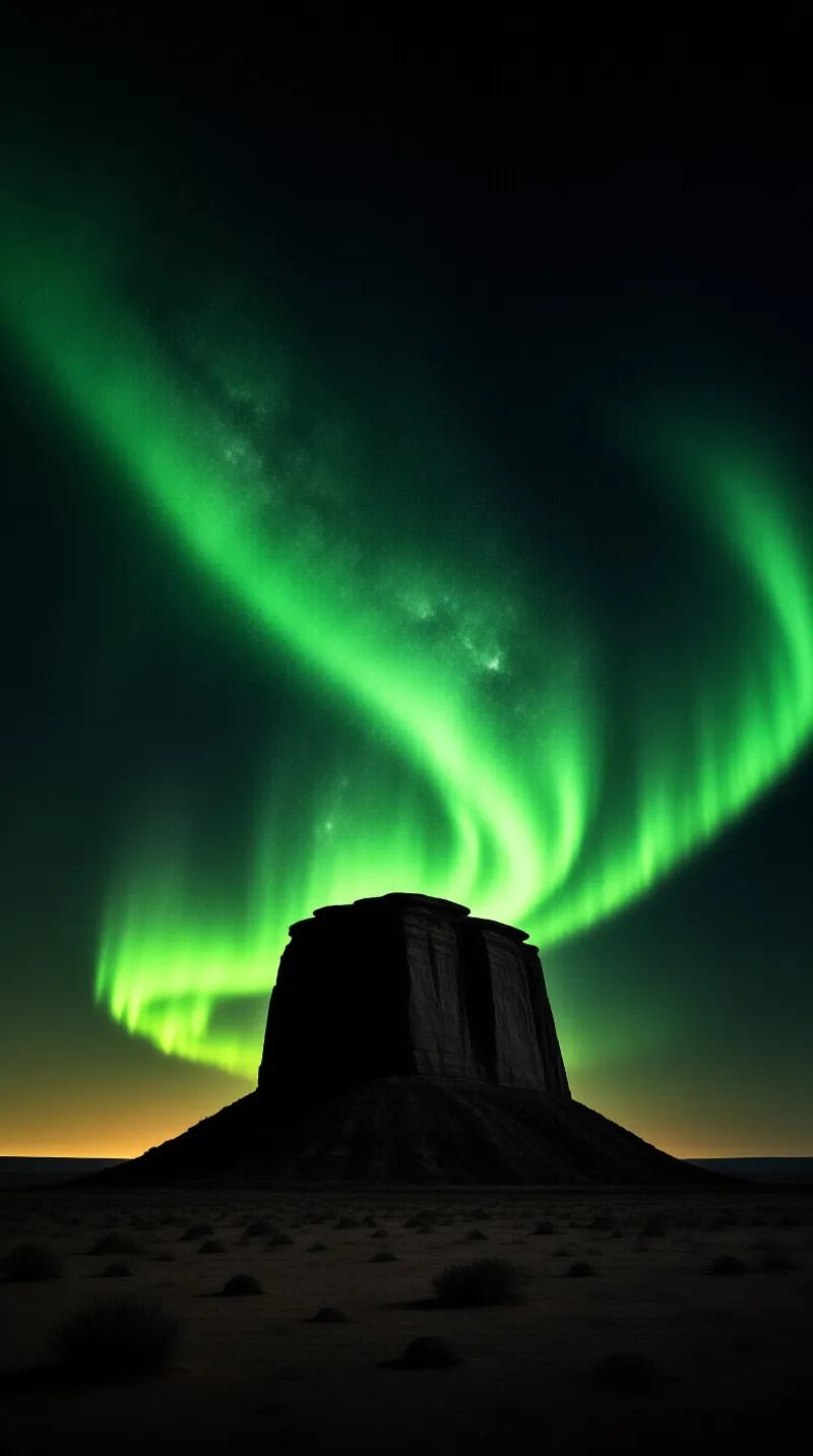 A dark rock formation stands in a desert beneath a vibrant green aurora borealis curving across the night sky.