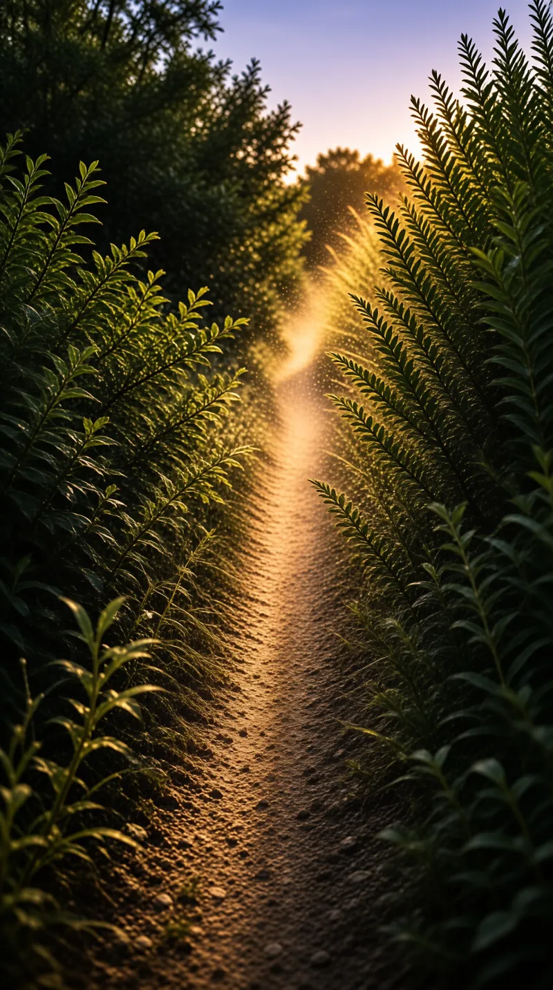 A narrow trail winds through lush greenery with bright rays of light cutting through the air at the end of the journey.