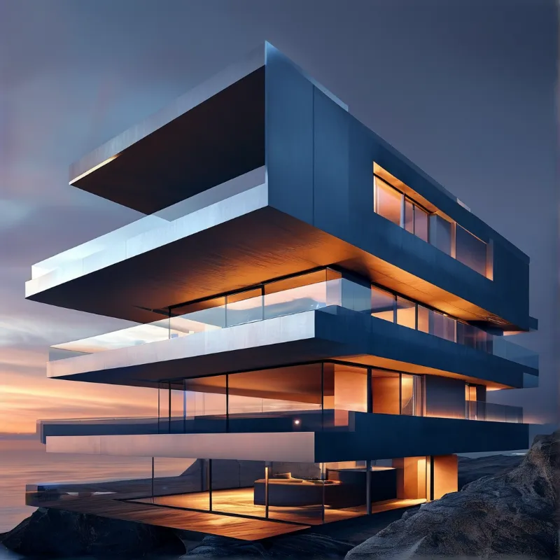Contemporary stacked villa perched on coastal rocks emitting warm light against a dusk sky with glass balconies.