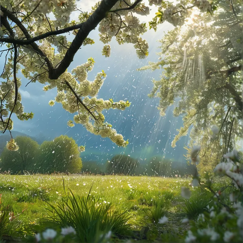 White flowers bloom on tree branches while sunbeams shine through leaves onto a grassy field.