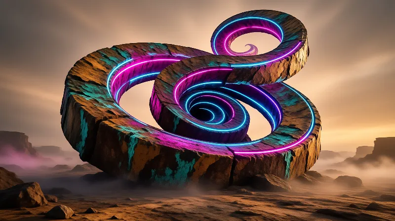 Large twisted rock formation features bright pink and blue neon lines winding through layers in a foggy desert landscape.
