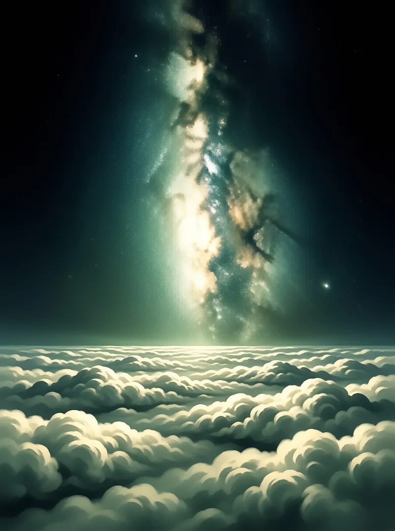 Glowing starry river descends into the dark sky above a thick blanket of white clouds.