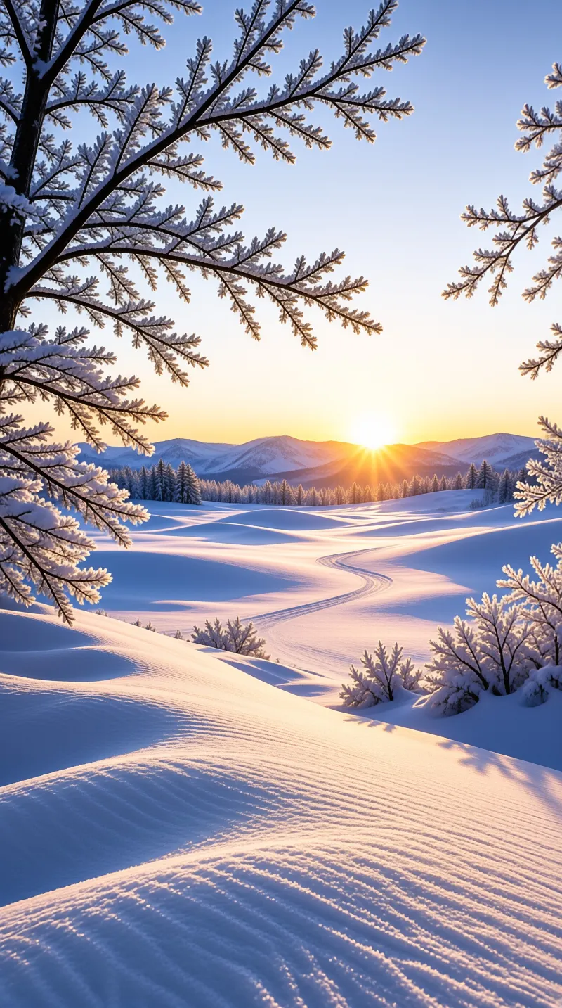 Snow covered pine branches frame a vast white landscape as the sun rises over distant mountains casting warm light.