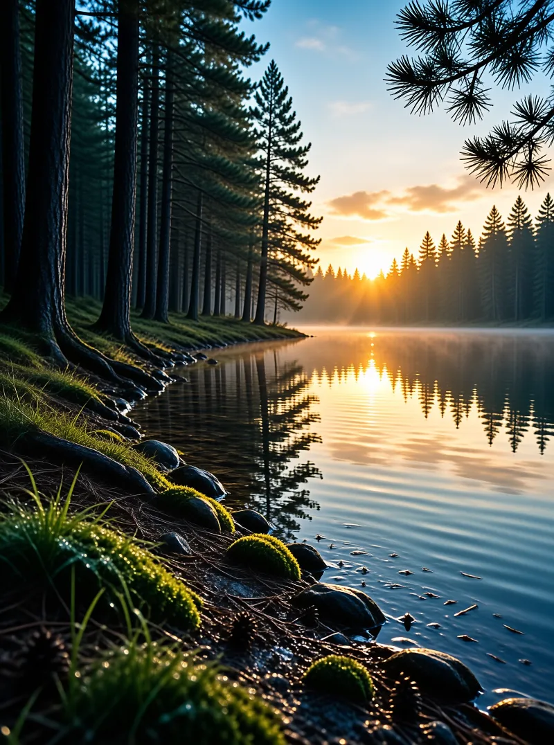 A tranquil forest lake reflects the golden sun as mist rises among tall evergreen trees along the rocky shore.