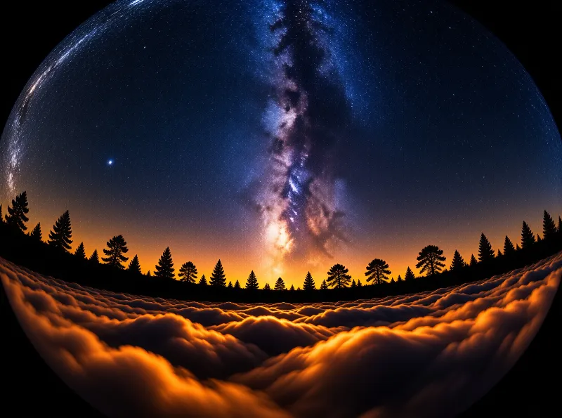 The galaxy arcs above silhouetted pines on a spherical little planet wrapped in glowing amber clouds