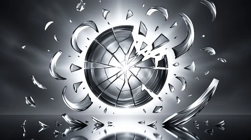 A round metallic object shatters into flying shards illuminated by a bright central light against a dark background.