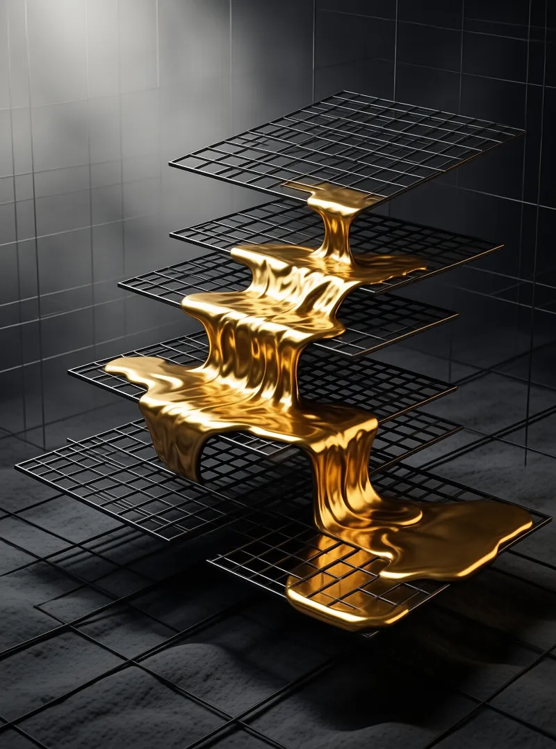 Liquid metal cascades from one perforated steel screen to the next, pooling on a dark tiled floor under overhead light.