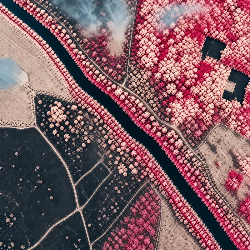 Aerial perspective reveals dense pink vegetation forming fractal patterns along winding dark water channels.
