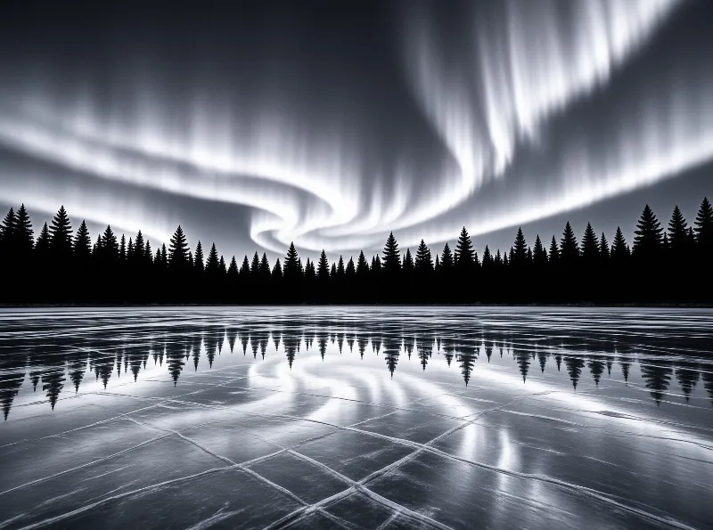 Silhouetted pine trees line the edge of a cracked frozen lake reflecting brilliant swirling patterns in the sky above.