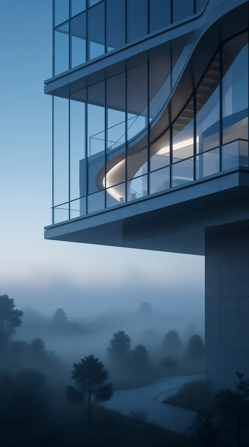 Modern Glass Building with Spiral Staircase