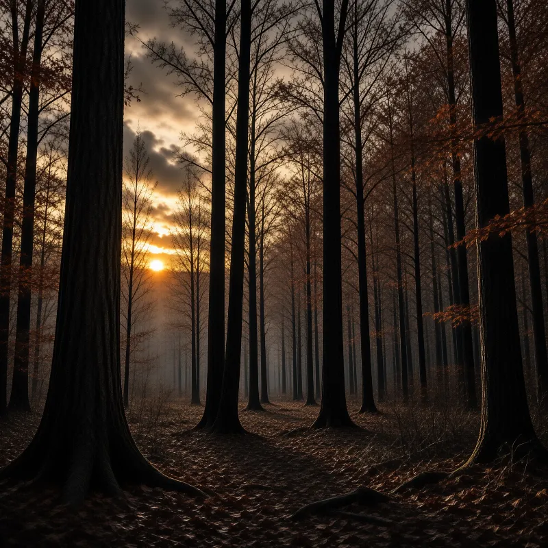 A view through a misty woodland where tall slender trunks stand against a bright orange horizon sky.