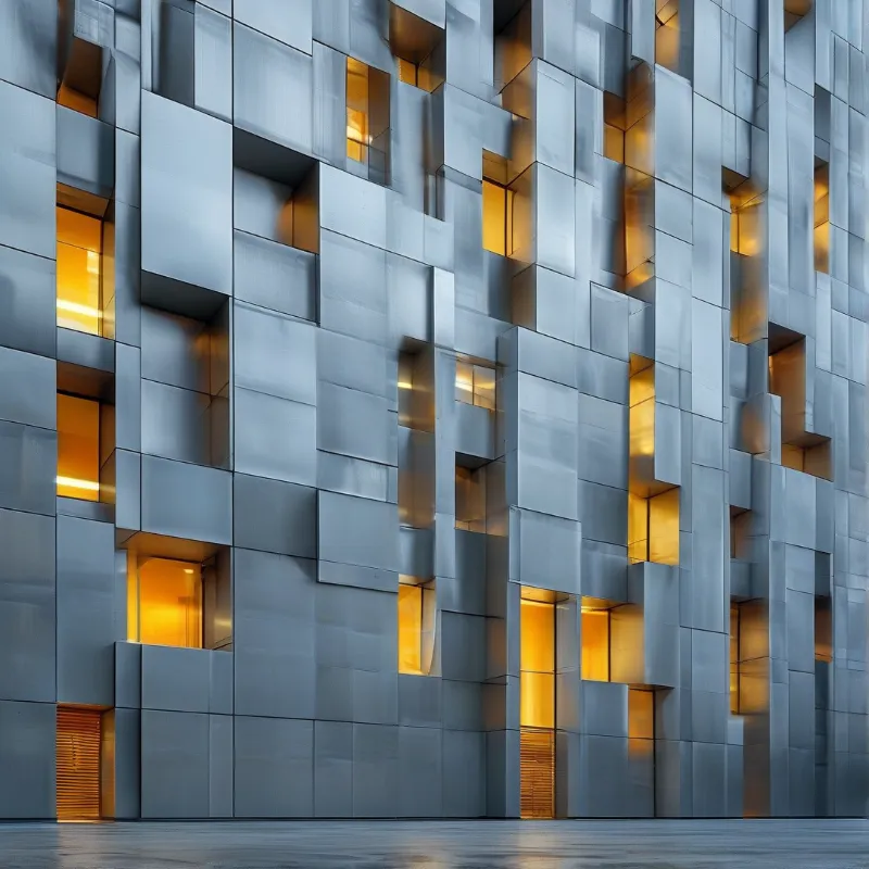 Silver metallic building exterior with staggered rectangular windows glowing orange against cool blue panels.