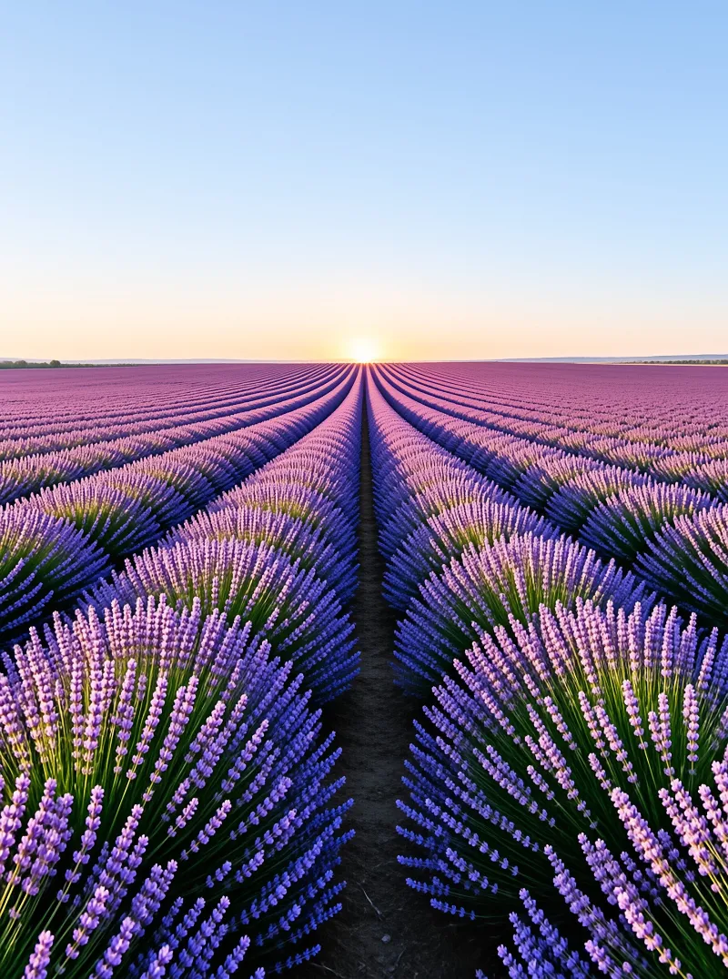Violet lavender flower rows converge toward the bright sun glowing on the horizon.