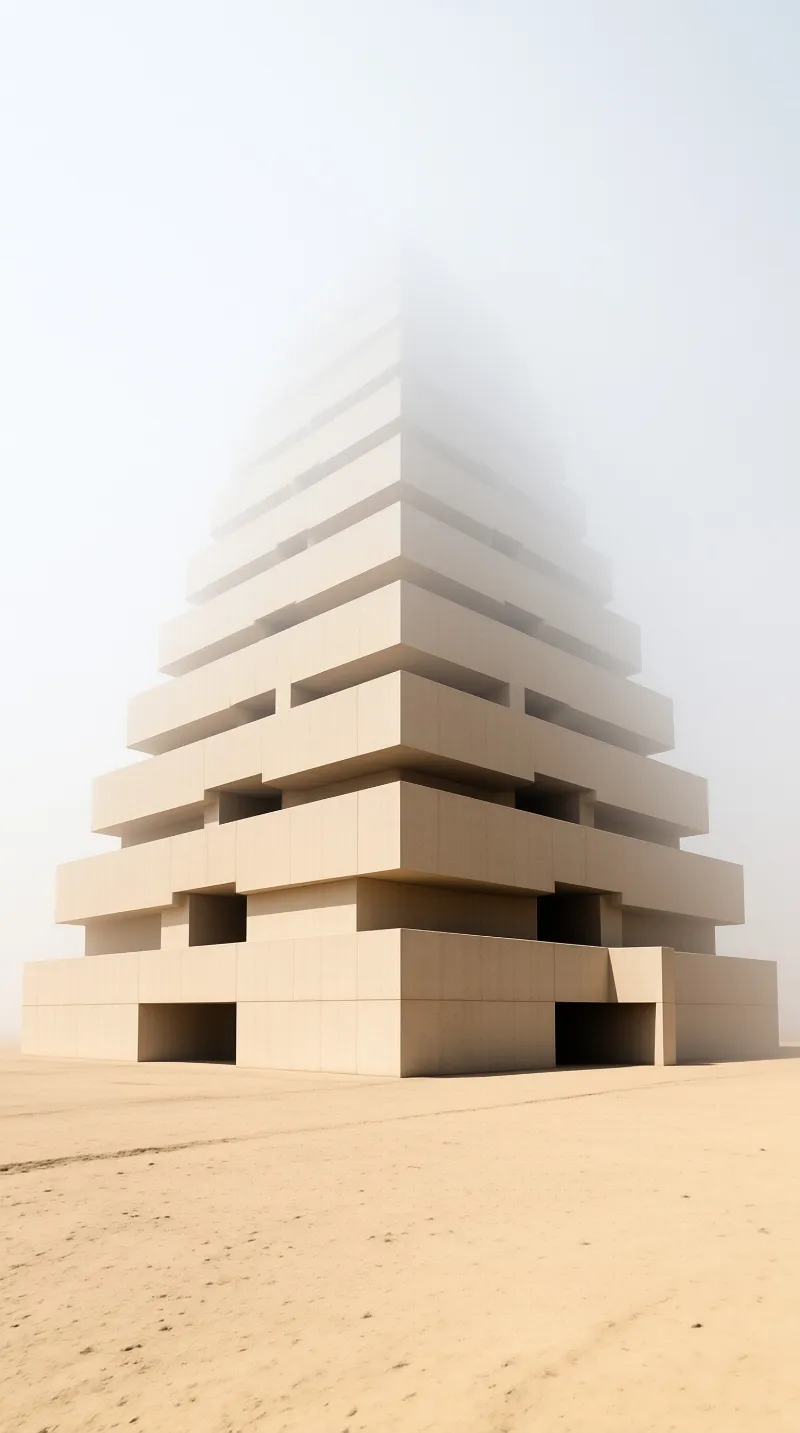 A pale tiered tower of stacked rectangular blocks dissolves into white fog above an empty sandy plain.