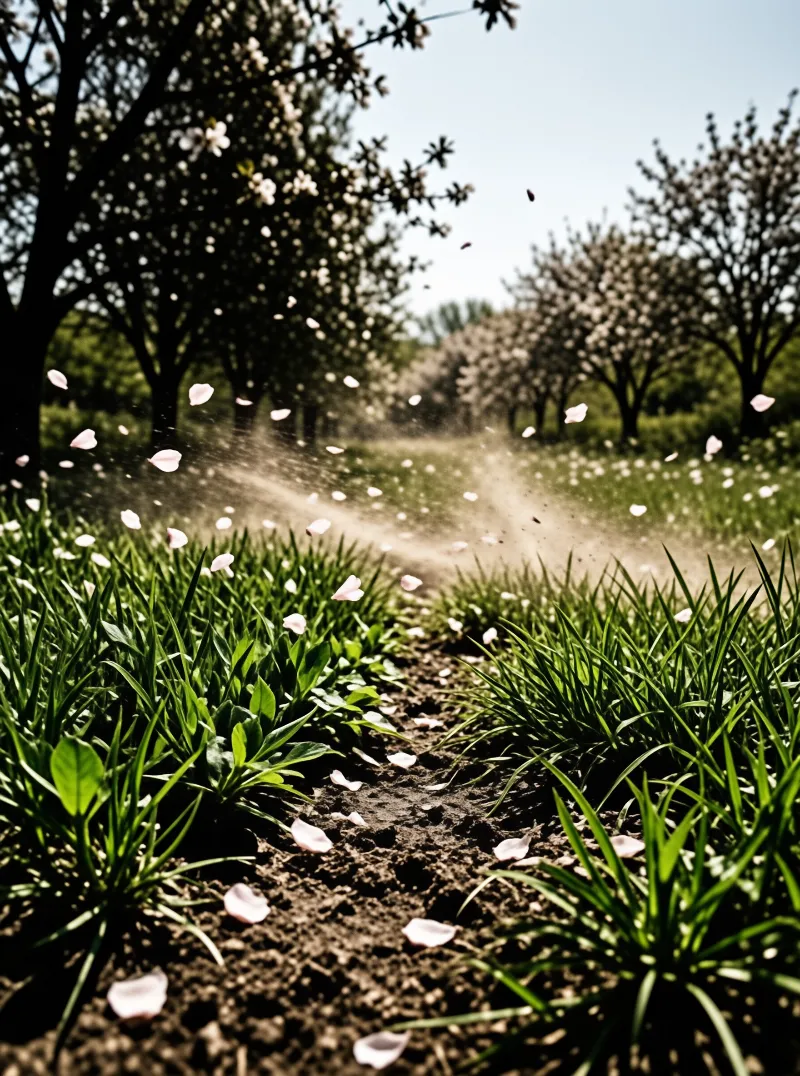 A dirt trail winds through rows of flowering trees with petals drifting down onto the green ground.
