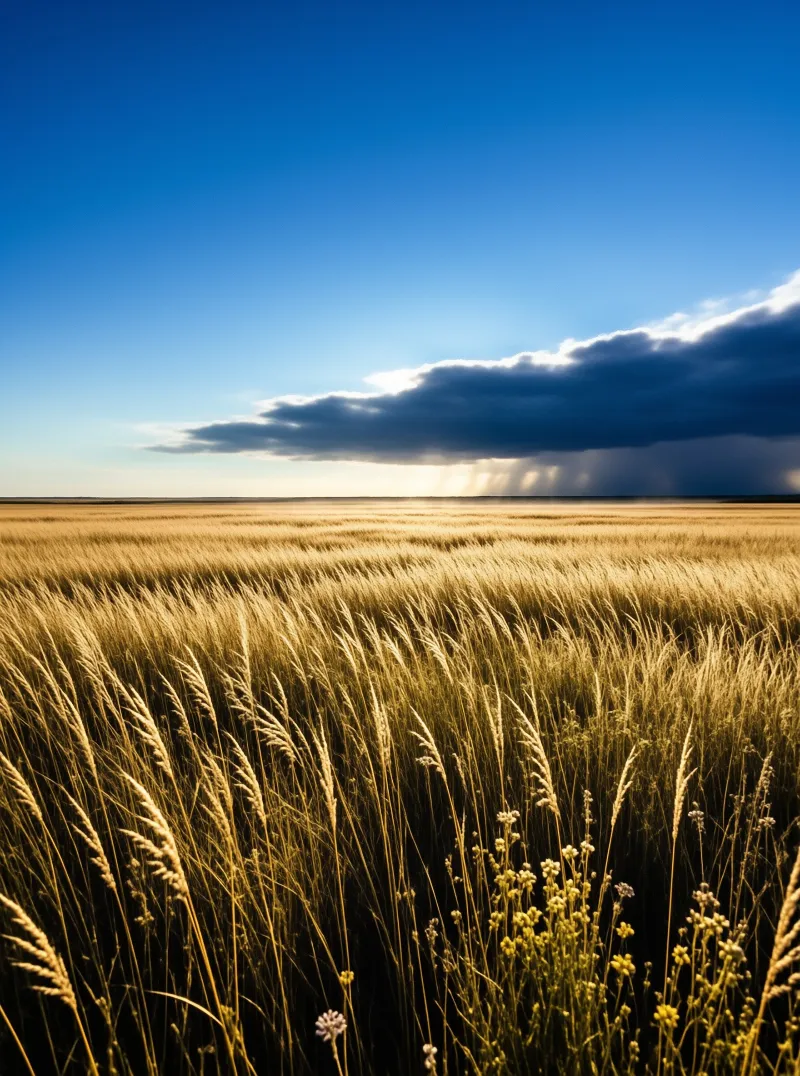 Tall golden grasses ripple across an open plain beneath a dark storm cloud with falling rain shafts