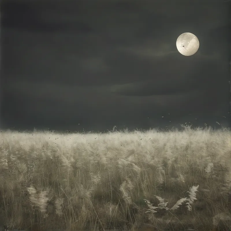 A field of tall grasses swaying beneath a dark sky with a bright full moon hanging in the distance.