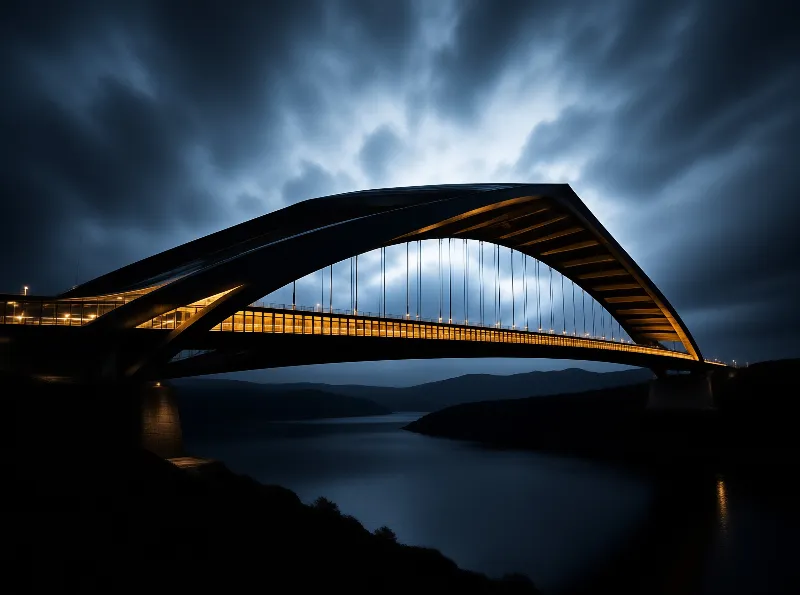 Illuminated steel arch bridge spans dark water beneath dramatic blue clouds.