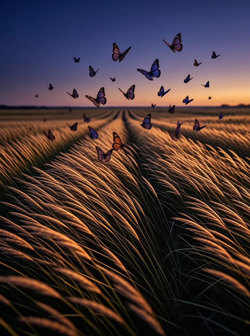 A flock of butterflies hovers above rows of golden wheat crops lit by the warm glow of a fading evening sun.